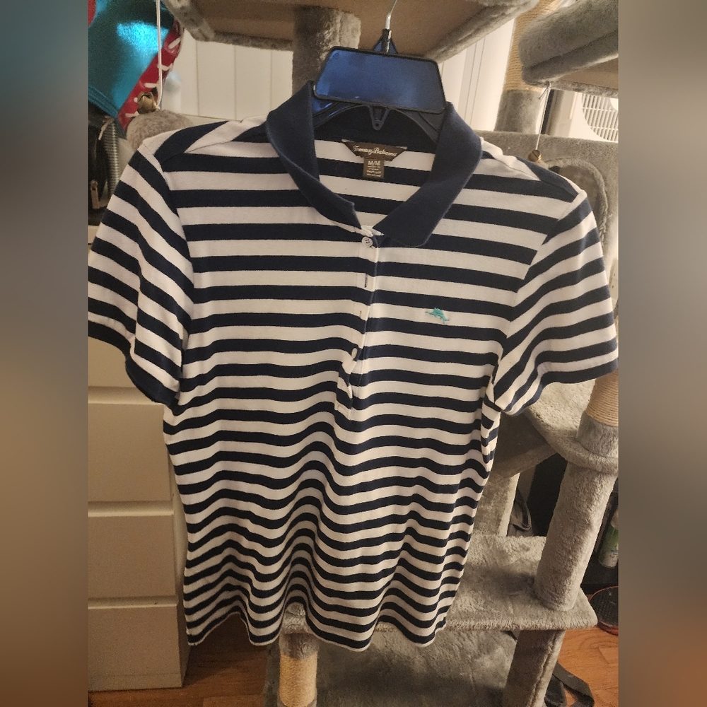 Navy and White Striped Polo Shirt